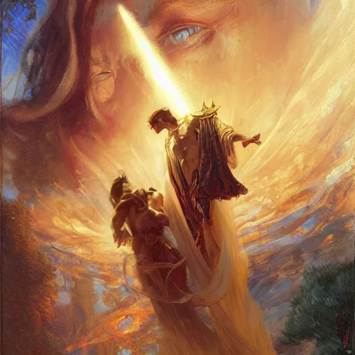 Image similar to attractive male deity casts light spell, summons attractive male lucifer morningstar. highly detailed painting by gaston bussiere, craig mullins, j. c. leyendecker 8 k