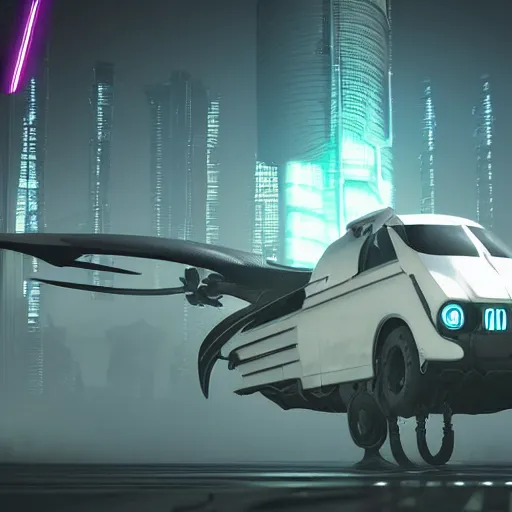 Image similar to cyberpunk alien concept of the a - team van with a pair of airplane wings on the sides, flying trough the sky, futuristic look, highly detailed body, very powerful, photorealistic camera shot, crisp quality and light reflections, unreal engine 5 quality render