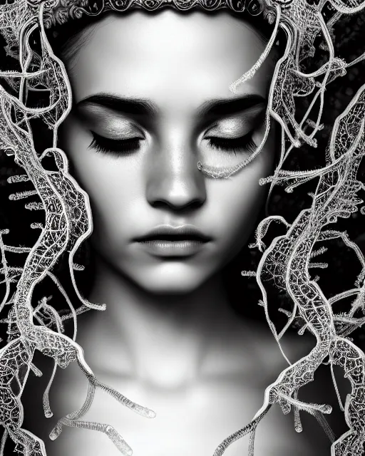 Image similar to surreal mythical dreamy artistic black and white fine art photo of a beautiful young female queen - medusa - cyborg covered with lace fish scales and translucent algae, highly detailed, intricate crystal ivy lace jelly fish scales ornate, poetic, octane render, 8 k, photo - realistic