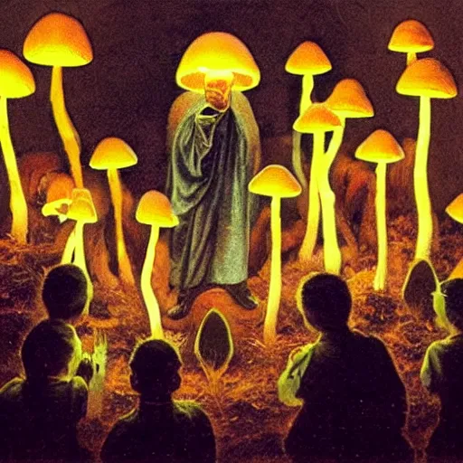 Prompt: acolytes worshipping glowing mushroom, orthodox image