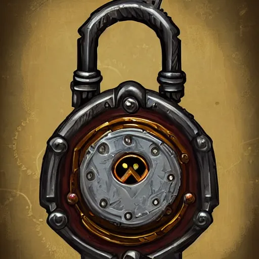 Image similar to a steampunk keyed padlock 🔒 🔑, fantasy digital art, in the style of hearthstone artwork