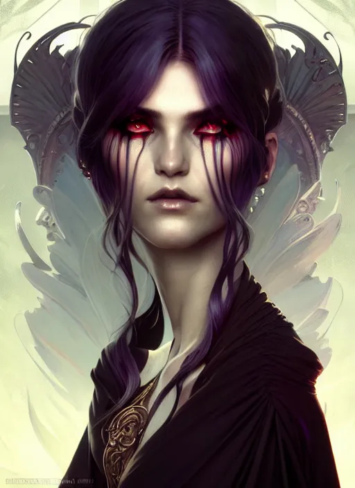 Image similar to Necromancer Sorceress, fantasy magic, undercut hairstyle, dark light night, intricate, elegant, sharp focus, illustration, highly detailed, digital painting, concept art, matte, art by WLOP and Artgerm and Greg Rutkowski and Alphonse Mucha, masterpiece