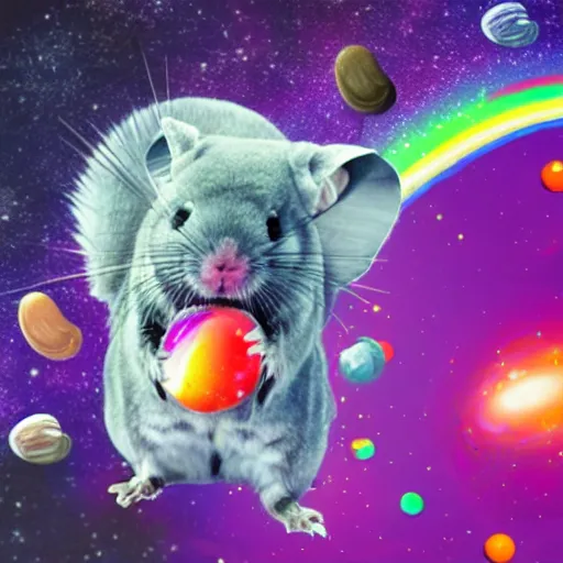 Image similar to chinchilla with mean look in space with galaxy in background pooping rainbox jellybeans, rainbow jellybeans under chinchilla's tail