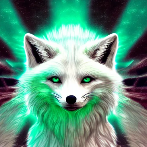 Prompt: digital white and green fox, retrowave palette, digital world, highly detailed, electric breeze, anatomically correct vulpine, synth feel, fluffy face, ear floof, flowing fur, super realism, accurate animal imagery, 4 k digital art