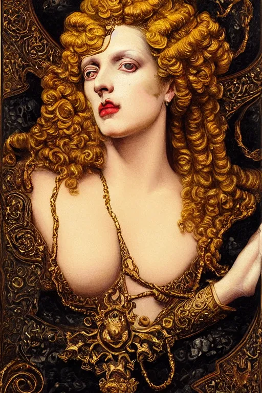 Prompt: hyper realistic painting portrait of the queen of punk, occult diagram, elaborate details, detailed face, golden ratio, rococo, classical, gothic, intrincate ornaments, gold decoration, caligraphy, occult art, illuminated manuscript, oil painting, art noveau, in the style of roberto ferri, gustav moreau, jean delville, bussiere, andrew gonzalez