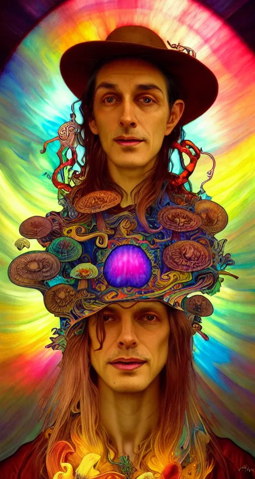 Image similar to An extremely psychedelic celestial smiling Larry Harvey white fedora hat, colorful, surreal, dramatic lighting, magic mushrooms, psilocybin, LSD, detailed, intricate, elegant, highly detailed, digital painting, artstation, concept art, smooth, sharp focus, illustration, art by Krenz Cushart and Artem Demura and alphonse mucha