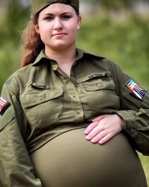 Prompt: “Photo of a heavily pregnant soldier wearing military fatigues, HD”