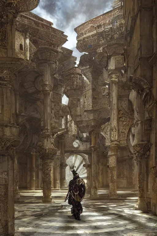 Image similar to an biomechanical palace guard walking through the byzantine courtyard by anders zorn, wonderful, mandelbulb 3 d buildings, fractal designs, dynamic, masterpiece by greg rutkowski, beautiful cinematic light, by greg manchess, jessica rossier