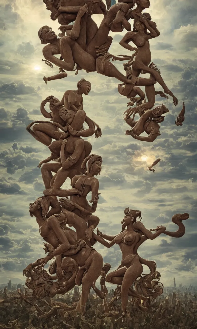 Prompt: massive mess of Kajuraho sculptures become real beautiful human realistic bodies practising kamasutra in the clouds, celestial light, photo real, by Simon Stålenhag, by Stanley Artgerm Lau, Greg Rutkowski, Thomas Kinkade ,Alphonse Mucha, Loish, Norman Rockwell ,trending on artstation , rule of thirds, Highly detailed, anatomically correct, dramatic lighting,