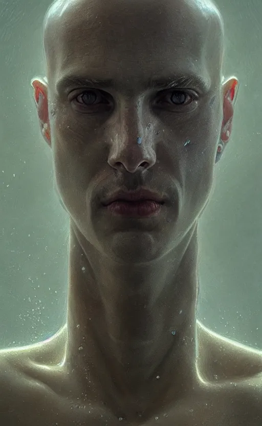 Image similar to a portrait of a drowned bald man under water, grey skin, transparent skin, concept art, deep focus, intricate, highly detailed, digital painting, artstation, matte, sharp focus, bokeh, art by greg rutkowski and alphonse mucha