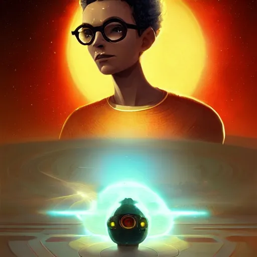 Prompt: Stellaris leader with curly hair and round glasses, Paradox games, concept art, by Christopher Balaskas and artgerm, vibrant, digital art, landscape, sci-fi, space