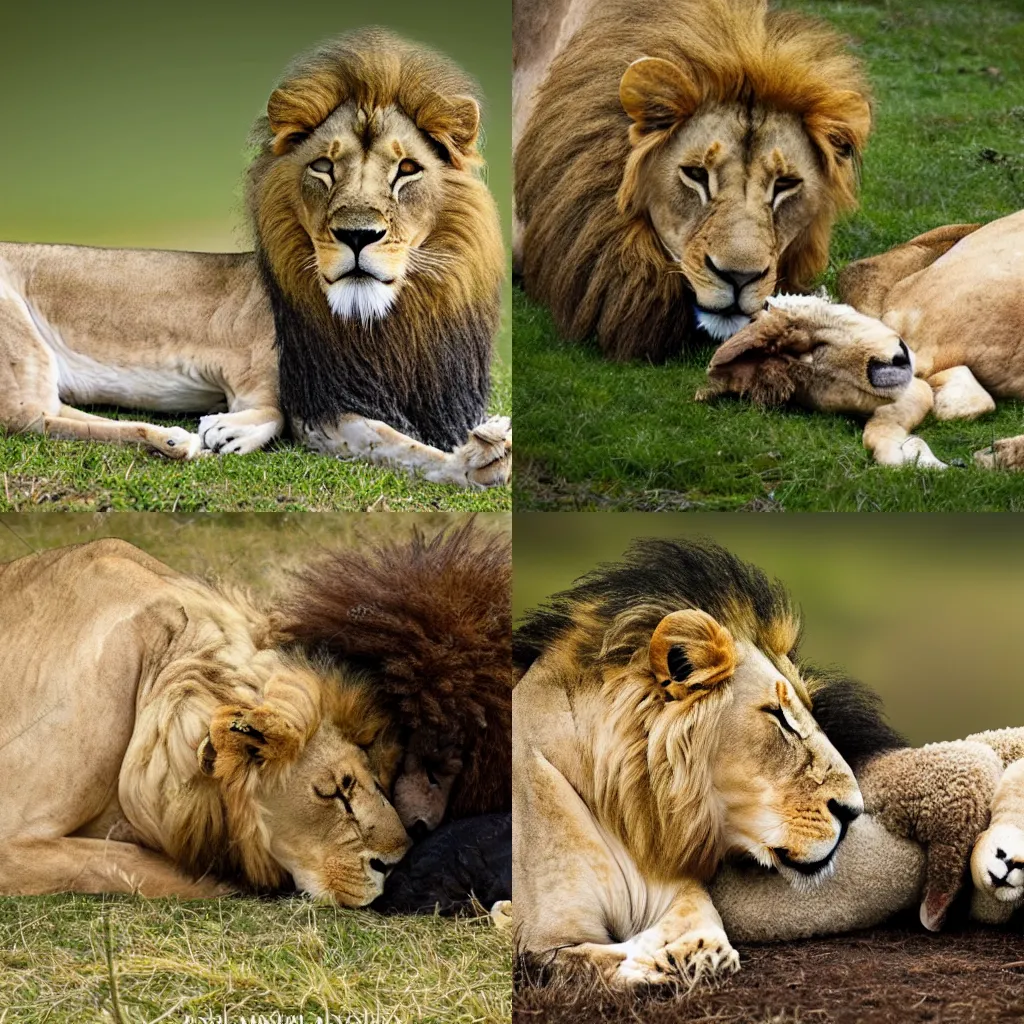 Prompt: realistic photo of a lion and a sheep sleeping together embraced