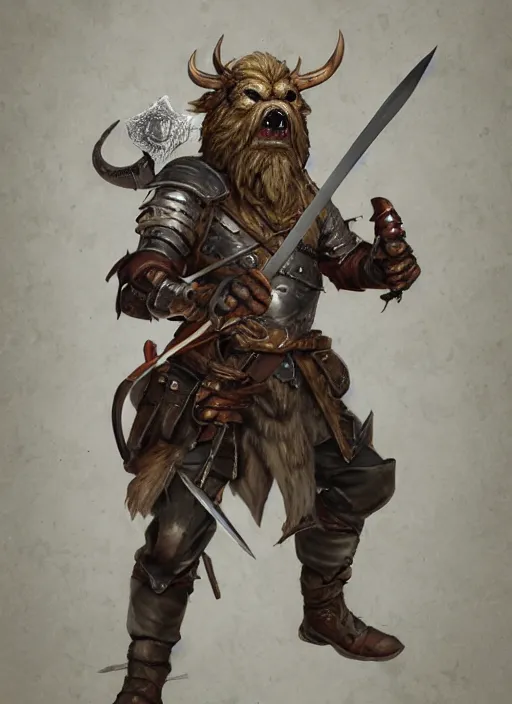 Image similar to photorealistic bugbear ranger holding sword on fire, magic, black beard, dungeons and dragons, pathfinder, roleplaying game art, hunters gear, jeweled ornate leather and steel armour, concept art, character design on white background, by sargent, norman rockwell, makoto shinkai, kim jung giu, artstation trending, poster art, colours red