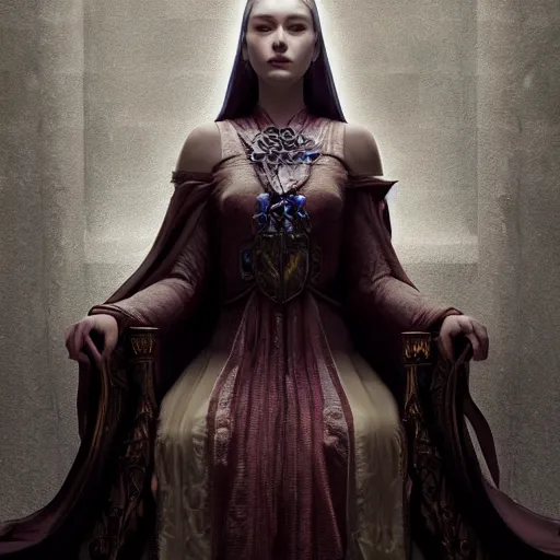 Prompt: the high priestess sitting on her throne, stunning 3 d render inspired art by greg rutkowski and xiang duan and thomas eakes, perfect facial symmetry, flesh texture, realistic, highly detailed attributes and atmosphere, dim volumetric cinematic lighting, 8 k octane detailed render, post - processing, masterpiece, rtx on, rendering on unreal engine