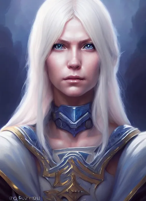 Image similar to a fantasy style portrait painting of shy white female paladin with blonde hair and blue eyes shy, scar under left eye, holy oil painting unreal 5 daz. rpg portrait extremely detailed artgerm greg rutkowski _ greg