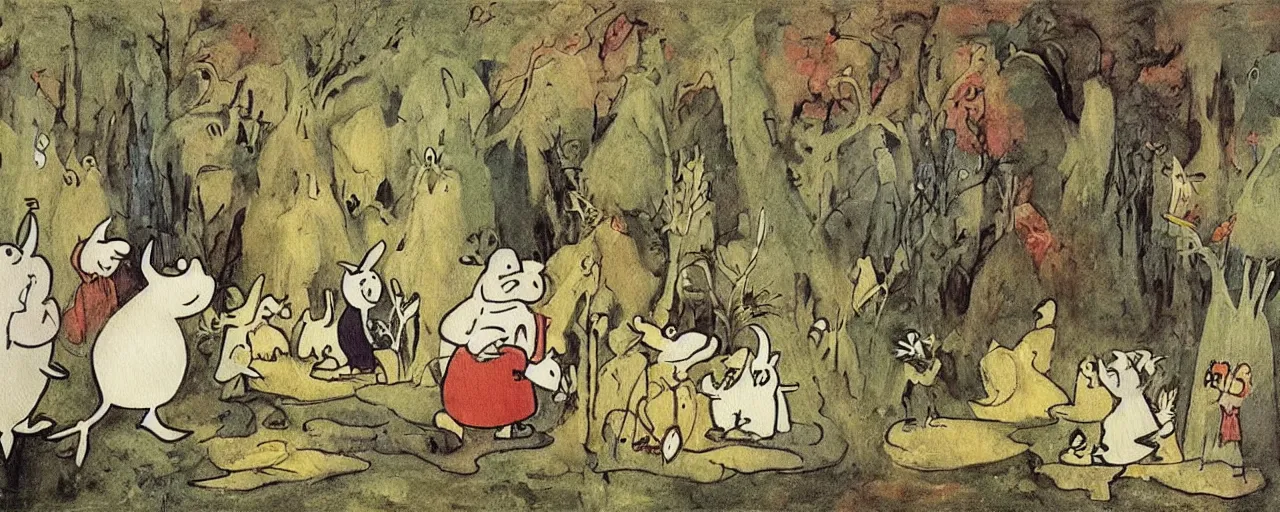 Prompt: the moomins, bosch painting