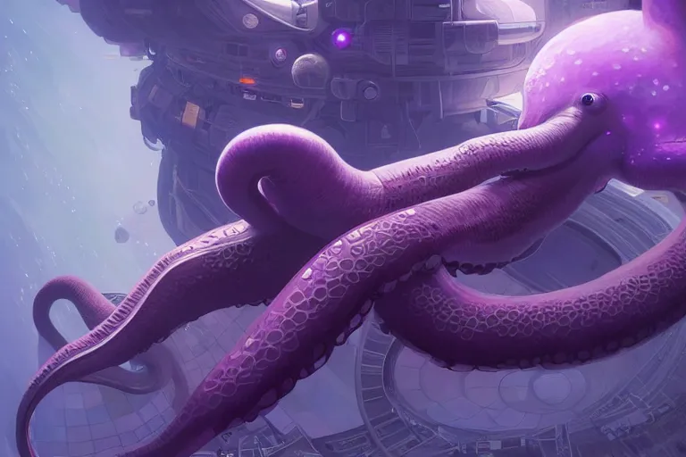 Image similar to Giant purple octopus in a space station, elegant, intricate, retrofuturistic digital painting, artstation, concept art, smooth, sharp focus, illustration, art by artgerm and greg rutkowski and alphonse mucha