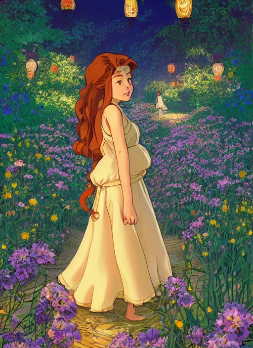 Prompt: well - lit art nouveau portrait of a 1 3 - year old girl wearing a sundress in a flower garden with lanterns at night, natural lighting, path traced, highly detailed, high quality, cartoon, digital painting, by don bluth and ross tran and studio ghibli