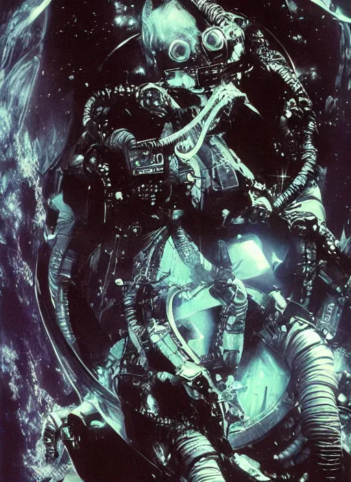 Image similar to astronaut in dark void underwater - complex and hyperdetailed technical suit design. reflection and dispersion materials. rays and dispersion of light. volumetric light. f / 3 2. noise film photo. flash photography. ultra realistic, 5 0 mm. poster by wayne barlowe, hajime sorayama aaron horkey, craig mullins