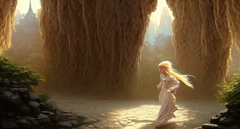 Prompt: tiny mage running away from a giant, blonde hair braided wearing ivory gothic robe, cave town, movie action still frame, ultra wide horizon, intricate, elegant, highly detailed, hyperrealism, digital painting, concept art, smooth, sharp, focus, illustration, art by artgerm, greg rutkowski, ilya kuvshinov, alphonse mucha