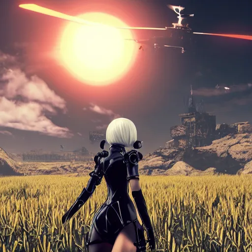 Image similar to a high resolution very detailed image of yorha android fighting a helicopter in nier : automata boss fight, in yellow rye field under blue sky