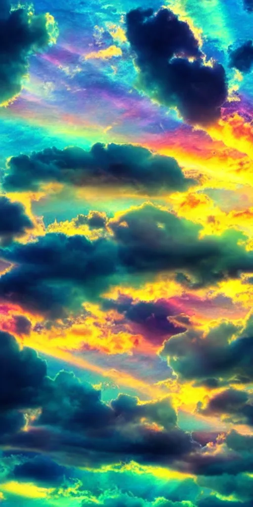 Image similar to a cloudy sky with iridiscent clouds, beautiful, sunset, illustration, ultra high detail, mystical, wallpaper.