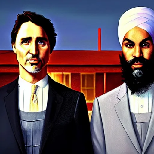 Image similar to Justin Trudeau and Jagmeet Singh in the american gothic painting, concept art, sharp focus, highly detailed digital painting by Grant Wood, artstation