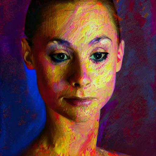 Image similar to portrait of a ballerina, impasto paint, 8 k, cinematic light, shadows, reflection highlights in the paint, in the style of christian beijer,