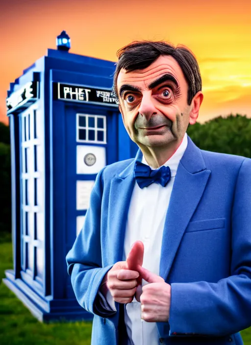 Image similar to dslr photo portrait still of mr bean as doctor who in front of the tardis at sunset, 8 k, 8 5 mm f 1. 4