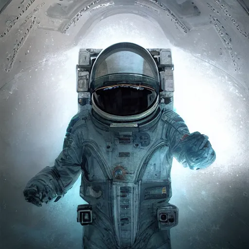 Image similar to concept art by craig mullins astronaut in futuristic dark and empty spaceship underwater. infrared complex and hyperdetailed technical suit. mandelbulb fractal space. reflection and dispersion materials. rays and dispersion of light. volumetric light. 5 0 mm, f / 3 2. noise film photo. flash photography. unreal engine 4, octane render. interstellar movie art