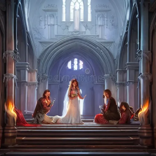 Image similar to an ultra detailed matte painting of a lesbian wedding between evil pyromancer and a red mage, unholy, white church background, detailed face, sharp focus, highly detailed, cinematic lighting, studio quality, colorful, smooth render, vector illustration, octane, rendered, by artgerm, greg rutkowski, alphonse mucha