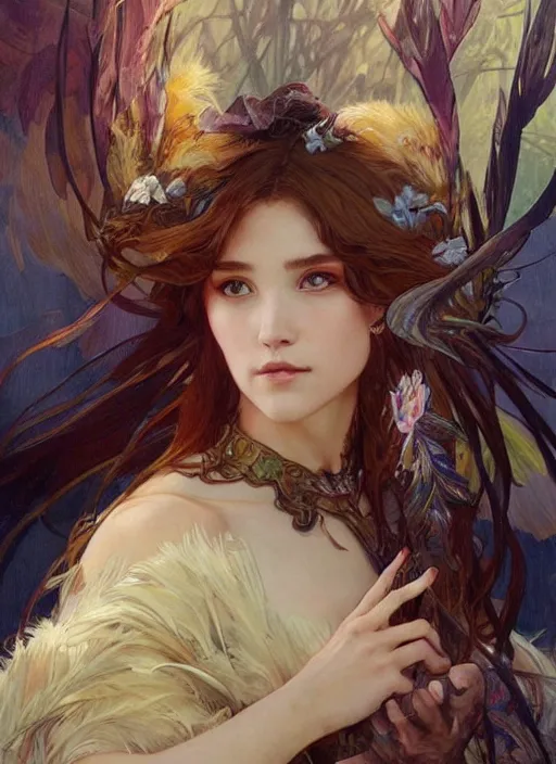 Image similar to a young woman fantasy adventurer with a cloak made of feathers, beautiful painting by artgerm and greg rutkowski and alphonse mucha