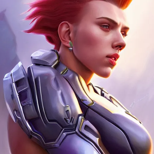 Image similar to detailed portrait of scarlett johansson as muscular zarya from overwatch, beautiful, fantasy, intricate, elegant, highly detailed, digital painting, artstation, concept art, matte, sharp focus, illustration, art by aenaluck, artgerm and roberto ferri and greg rutkowski, epic fantasy, digital painting