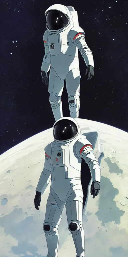 Prompt: a man with a futuristic white space armor walking out of a black spaceship on the moon, black spaceship, black spaceship, in the style of studio ghibli, j. c. leyendecker, greg rutkowski, artem
