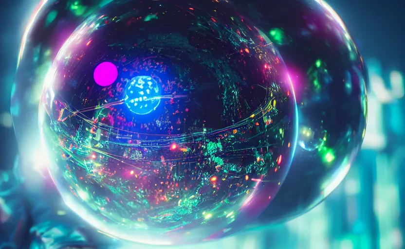 Prompt: enchanted castle, pro - vida, cosmic integration, closeup of a hand holding spheres of power, cosmic color scheme, macro up view, neon, glow, darkness, dramatic, sharp focus, octane render, imax
