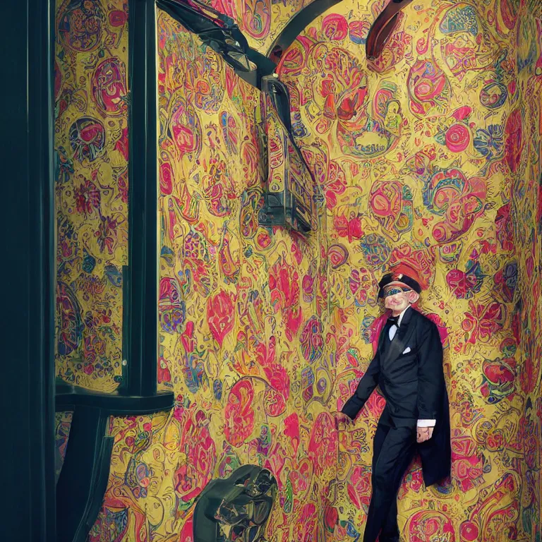 Image similar to vogue photoshoot octane render portrait by wayne barlow and carlo crivelli and glenn fabry, a handsome eccentric man in a bright colorful patterned pastel wes anderson elevator operator costume inside a dark and moody vintage elevator in a high - end exotic vintage boutique hotel, very short depth of field, bokeh