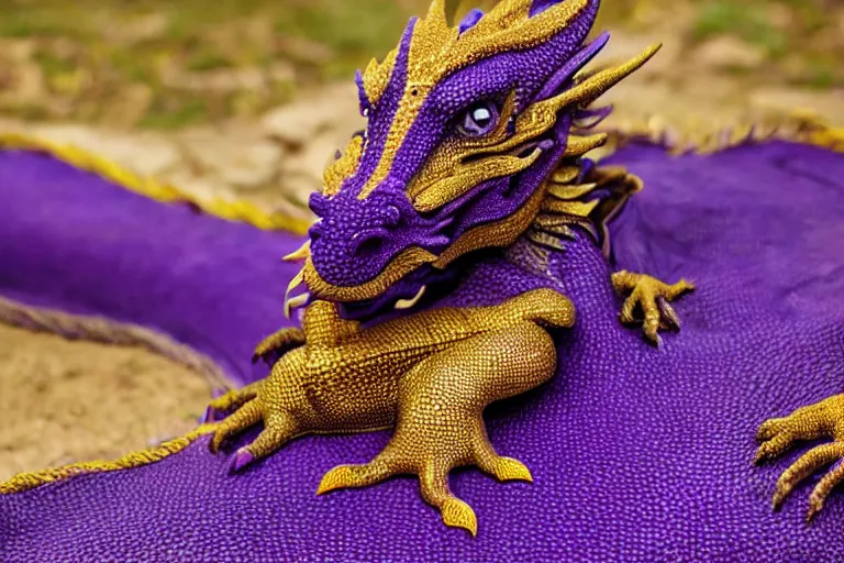 Image similar to a purple and gold dragon laying on its back, relaxing dragon