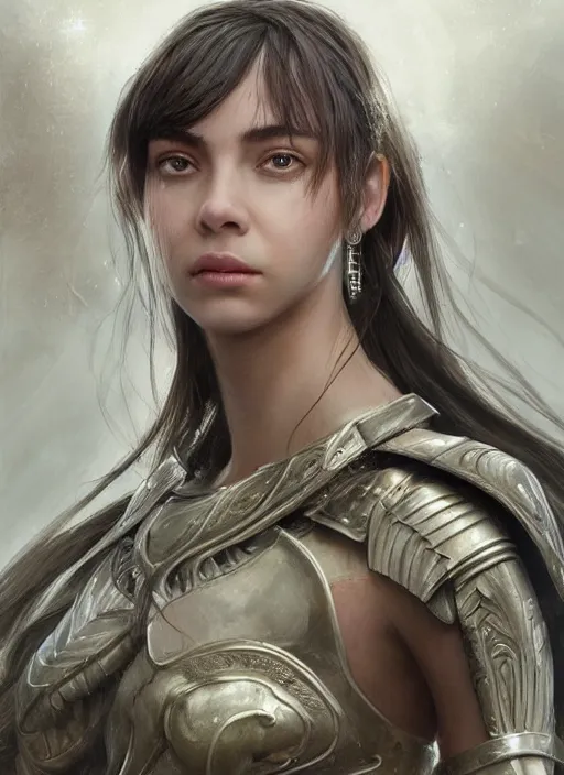 Image similar to a professional portrait of a beautiful young female, clothed in ethereal battle armor, olive skin, long dark hair, beautiful bone structure, symmetrical facial features, intricate, elegant, digital painting, concept art, smooth, sharp focus, finely detailed, illustration, from Valerian and the City of a Thousand Planets, in the style of Ruan Jia and Mandy Jurgens and Artgerm and Greg Rutkowski and William-Adolphe Bouguerea