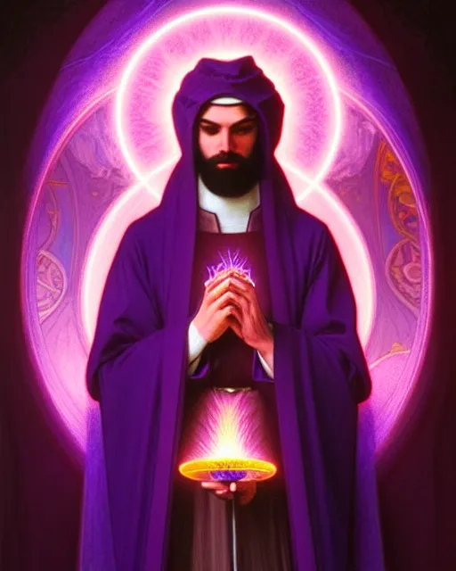 Image similar to portrait of saint germain, he is holding the violet purple indigo flame, completely violet colored, intricate, elegant, highly detailed, digital painting, artstation, concept art, smooth, sharp focus, illustration, art by artgerm and greg rutkowski and fra angelico and alphons mucha