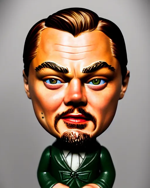 Image similar to highly detailed closeup, face profile portrait of a tin toy leonardo dicaprio as a medieval demon eating cakes in a castle, hyper realistic, artstation, illustration, nicoletta ceccoli, mark ryden, lostfish, dan decarlo, bob clampett, max fleischer, digital paint, matte paint, vivid colors, detailed and intricate environment