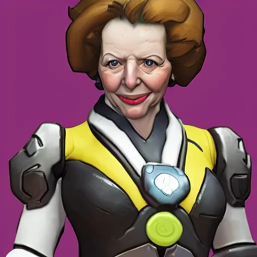 Prompt: new overwatch character, margaret thatcher, the iron lady