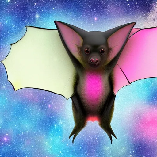 Prompt: a very cute galactic fruit bat, pastel colours, digital art, extremely realistic and detailed 4k