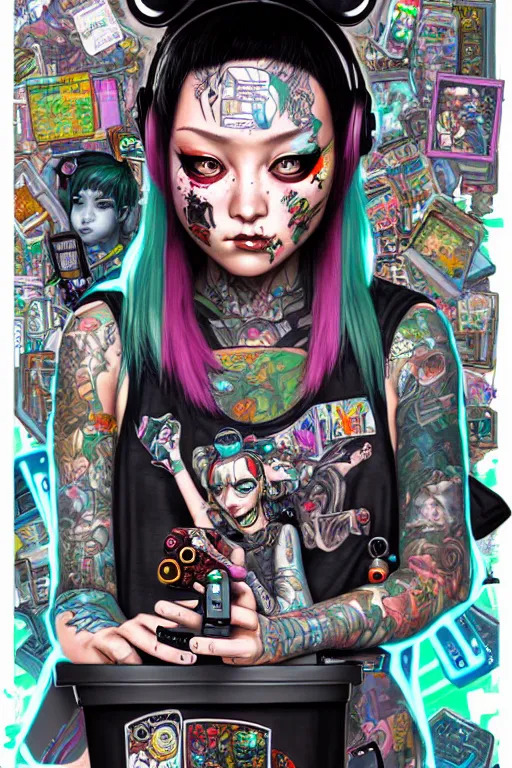 Prompt: full view, from a distance, of anthropomorphic trashcan who is cyberpunk girl with tattoos playing video games, style of yoshii chie and hikari shimoda and martine johanna, highly detailed