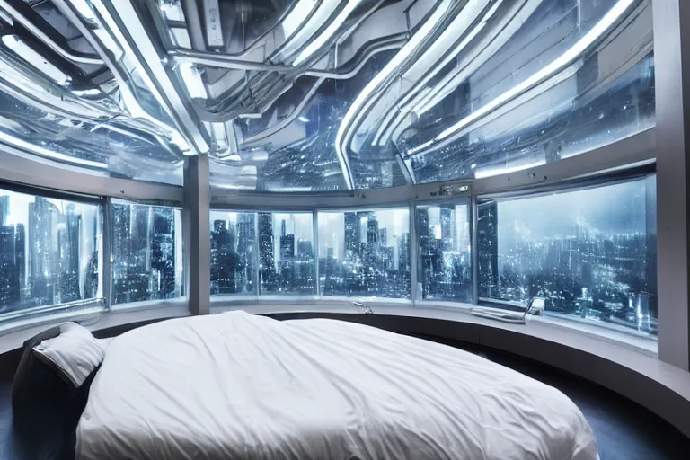 Image similar to a futuristic bedroom with large curved ceiling high windows looking out to a far future cyberpunk cityscape, cyberpunk neon lights, raining heavily with electric storm, scifi