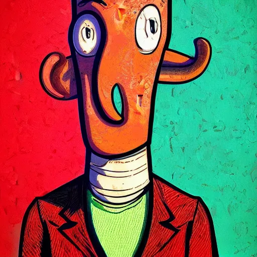 Prompt: handsome squidward portrait, realistic, pop art, vivid colors, long chin, face