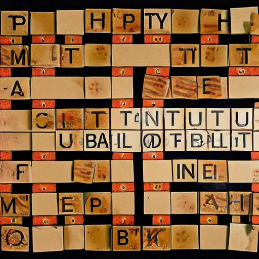 Prompt: gritty realistic scrabble board with pieces made out of metal and barbed wire with caution tape around the edges