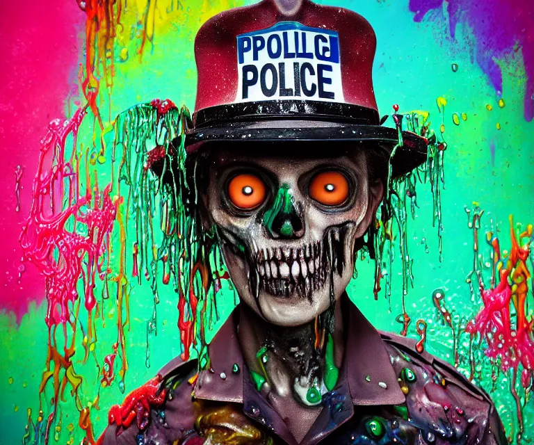 Image similar to beautiful 3 5 mm photograph of a slimy rotting zombie wearing a police uniform and police hat covered in colorful wet goop, dripping with colorful liquid, policeman, cop, biocop, intricate details, dark ambient, service cap, atmospheric, movie poster, poster, horror, elegant, super highly detailed, professional digital photo, artstation, concept art, 8 k