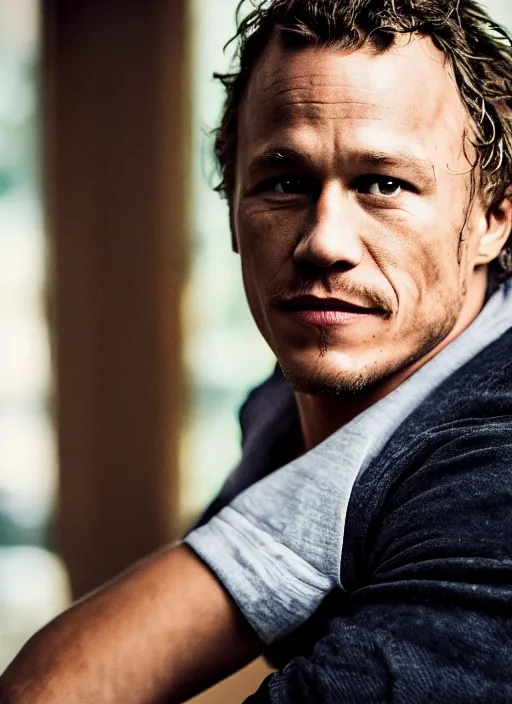 Image similar to DSLR photo portrait still of 43 year old age 43 Heath Ledger at age 43!!!, 85mm f1.8