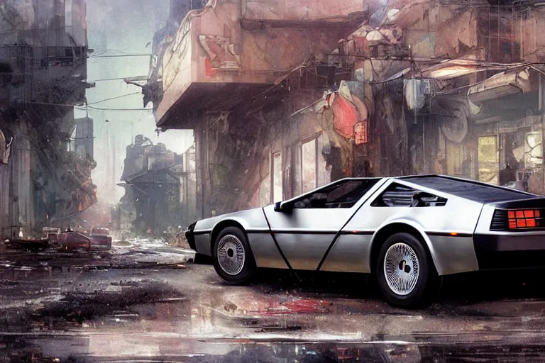 Image similar to photograph of the delorean, with a sleek spoiler, driving down the streets of a cyberpunk abandoned city, by greg rutkowski, by stanley artgerm, by alphonse mucha