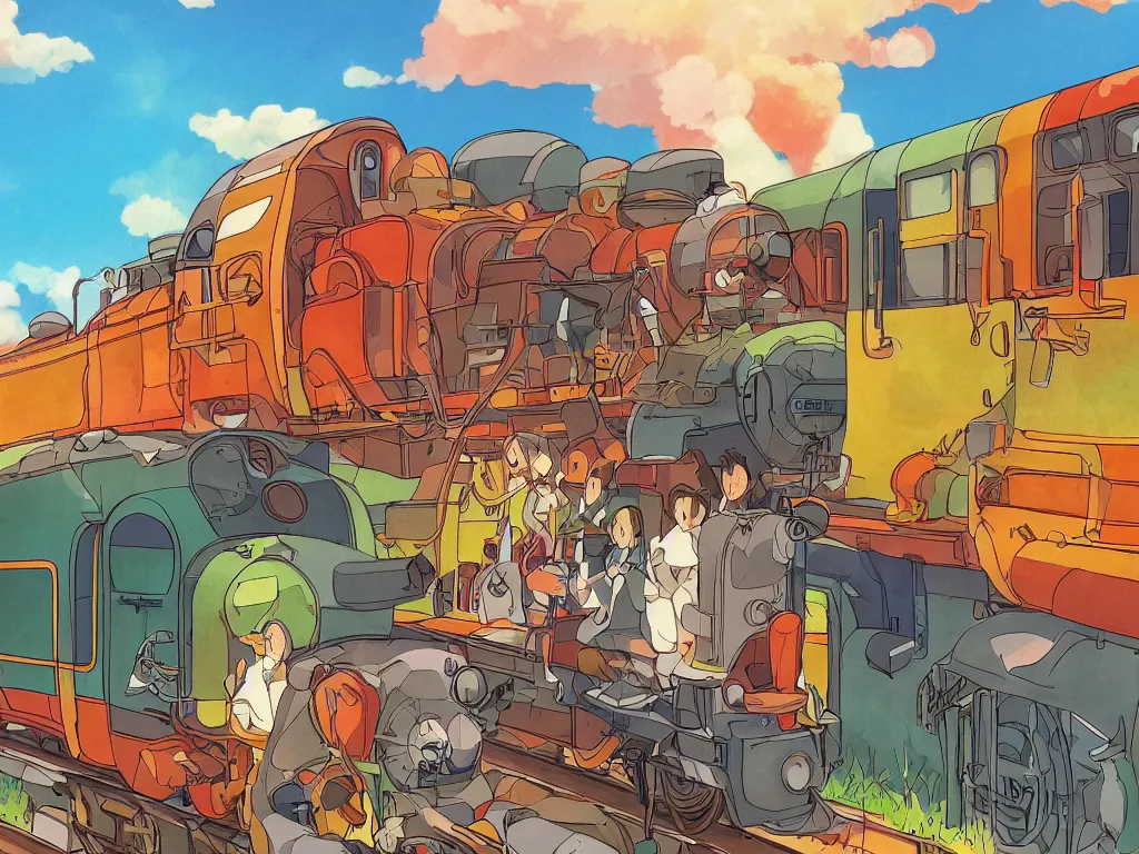 Prompt: longitudinal cut sideview of a anime train, digital art, autumn light, colorful, beautiful, inspired by studio ghibli, inspired by hayao miyazaki, concept art, manga, cute and adorable, illustration